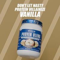 Proven Blend triple protein blend powder with a catchy tagline about vanilla flavor and its effective benefits.