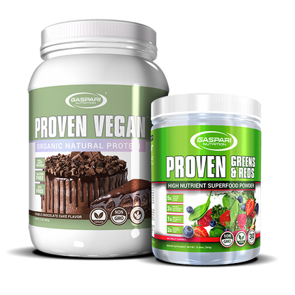 Gaspari Nutrition's Proven Vegan Organic Natural Protein and Proven Greens & Reds high nutrient superfood powder combo. Double Chocolate Cake flavor for protein and mixed fruit for greens.