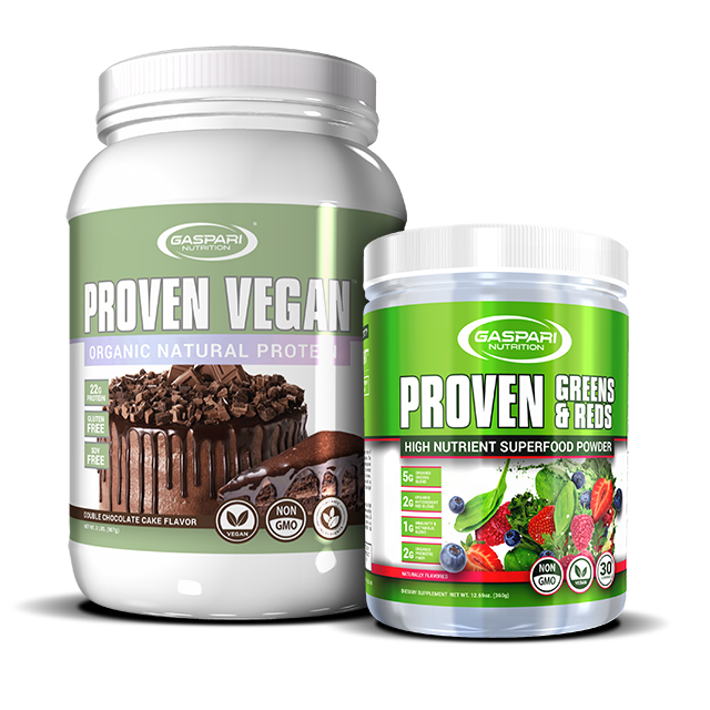 Gaspari Nutrition's Proven Vegan Organic Natural Protein and Proven Greens & Reds high nutrient superfood powder combo. Double Chocolate Cake flavor for protein and mixed fruit for greens.