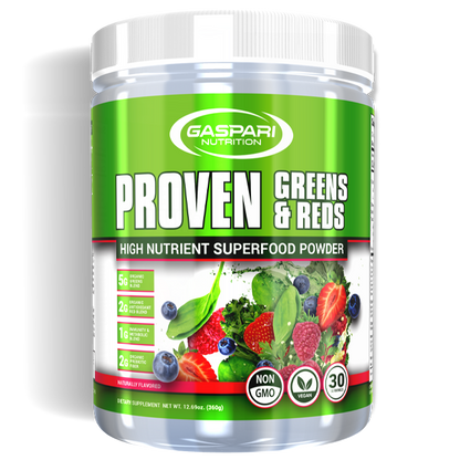 Container of Gaspari Nutrition's Proven Greens & Reds high nutrient superfood powder, featuring a colorful blend of various fruits and vegetables, highlighting its vegan and non-GMO features.