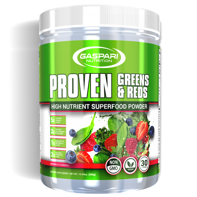 Container of Gaspari Nutrition's Proven Greens & Reds high nutrient superfood powder, featuring a colorful blend of various fruits and vegetables, highlighting its vegan and non-GMO features.