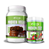 Eye-catching display of Gaspari Nutrition's Proven Vegan protein alongside Proven Greens & Reds superfood powder, both emphasizing their health benefits and natural ingredients.