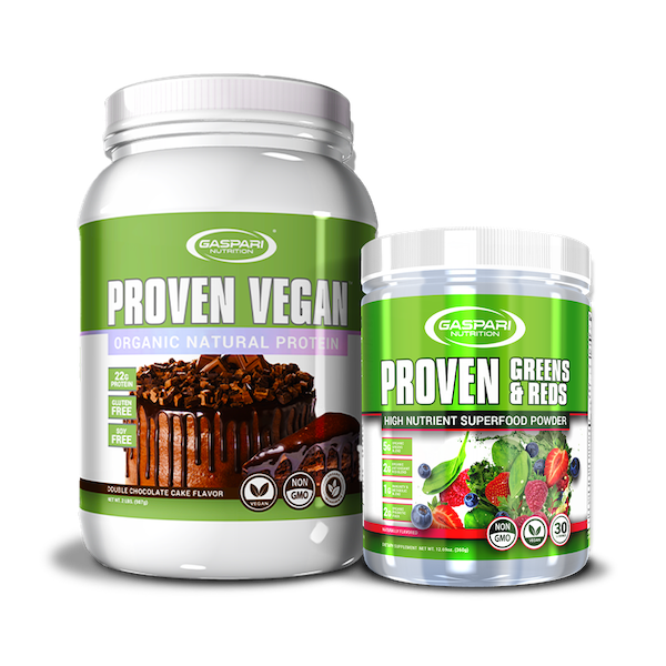 Eye-catching display of Gaspari Nutrition's Proven Vegan protein alongside Proven Greens & Reds superfood powder, both emphasizing their health benefits and natural ingredients.