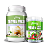 Gaspari Nutrition's Proven Vegan protein (Vanilla Chai Latte flavor) paired with Proven Greens & Reds superfood powder, showcasing variety in flavors and nutrient-rich ingredients.
