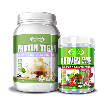 Gaspari Nutrition's Proven Vegan protein (Vanilla Chai Latte flavor) paired with Proven Greens & Reds superfood powder, showcasing variety in flavors and nutrient-rich ingredients.