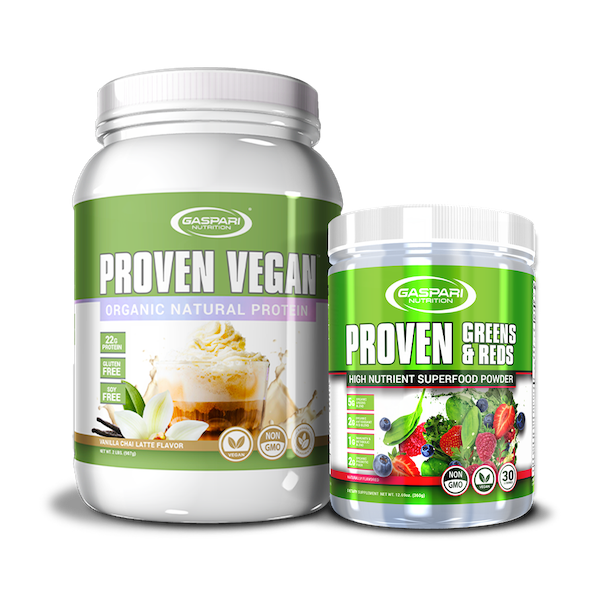 Gaspari Nutrition's Proven Vegan protein (Vanilla Chai Latte flavor) paired with Proven Greens & Reds superfood powder, showcasing variety in flavors and nutrient-rich ingredients.