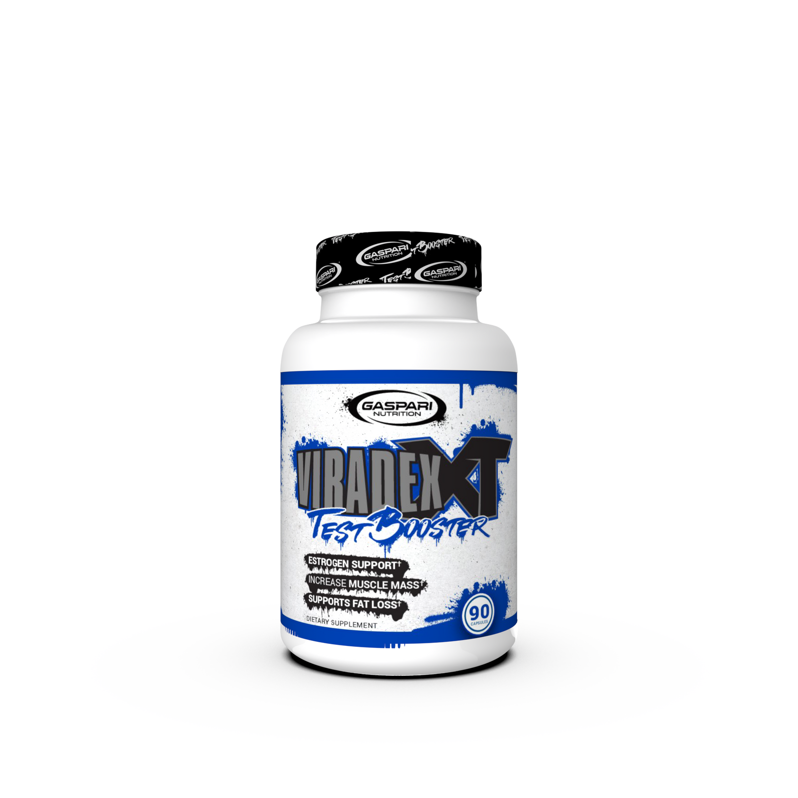 Viradex XT Test Booster bottle from Gaspari Nutrition. Front view showing the branding, key features like 'Estrogen Support' and 'Increase Muscle Mass'.