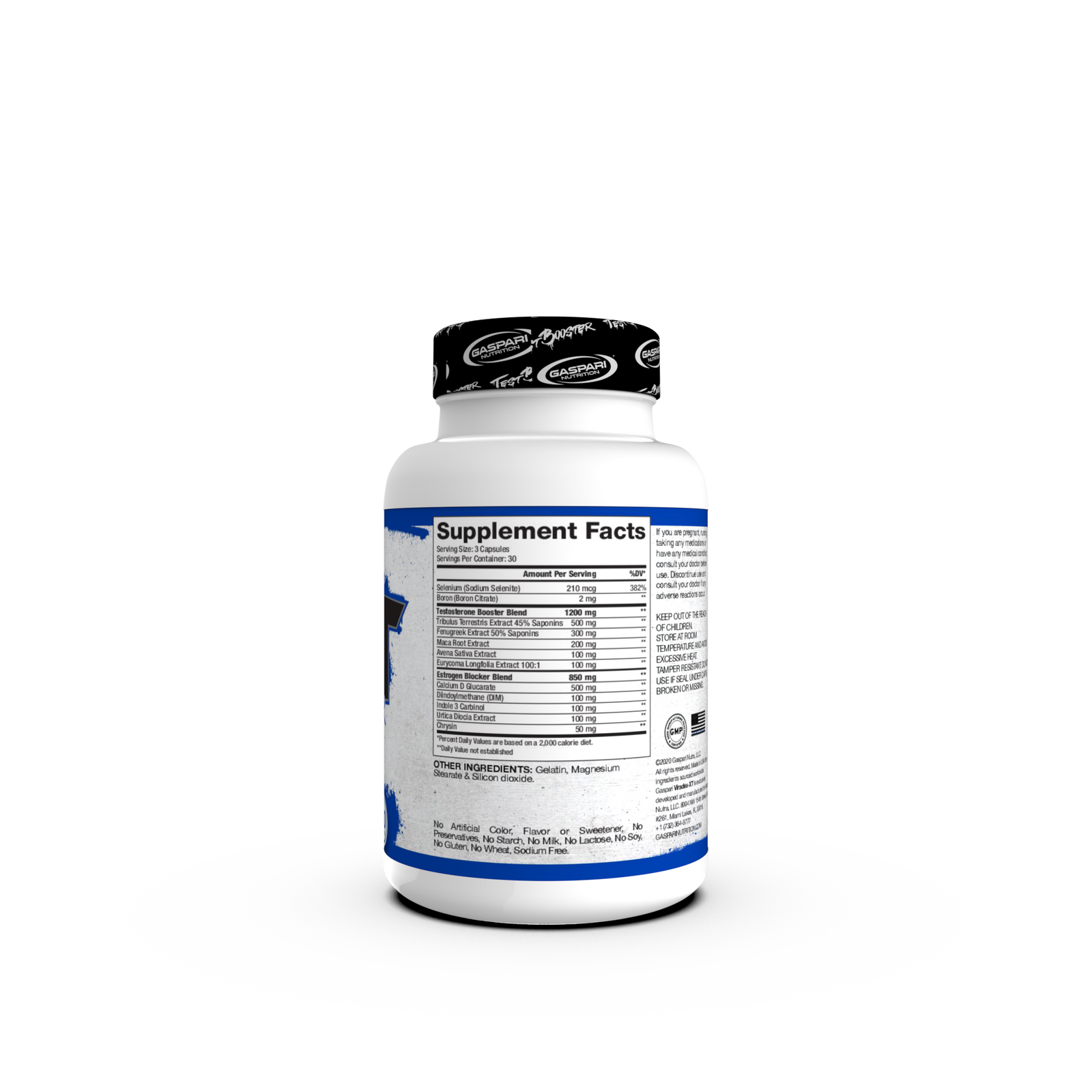 Back view of Viradex XT Test Booster bottle displaying Supplement Facts, ingredients, and usage instructions.