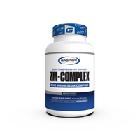 Container of Gaspari Nutrition ZM-COMPLEX dietary supplement for nighttime recovery support, featuring a blue and white design with details about Zinc Magnesium Complex and serving suggestions.