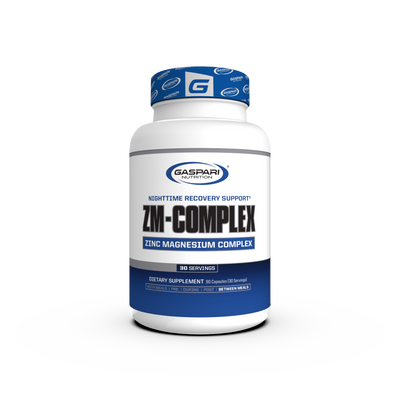 Container of Gaspari Nutrition ZM-COMPLEX dietary supplement for nighttime recovery support, featuring a blue and white design with details about Zinc Magnesium Complex and serving suggestions.
