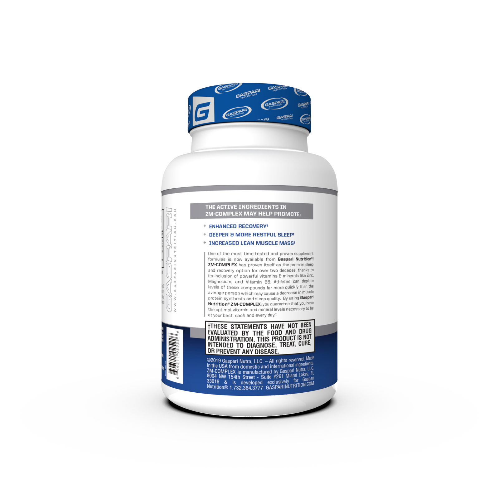 Container of Gaspari Nutrition ZM-COMPLEX dietary supplement for nighttime recovery support, featuring a blue and white design with details about Zinc Magnesium Complex and serving suggestions.