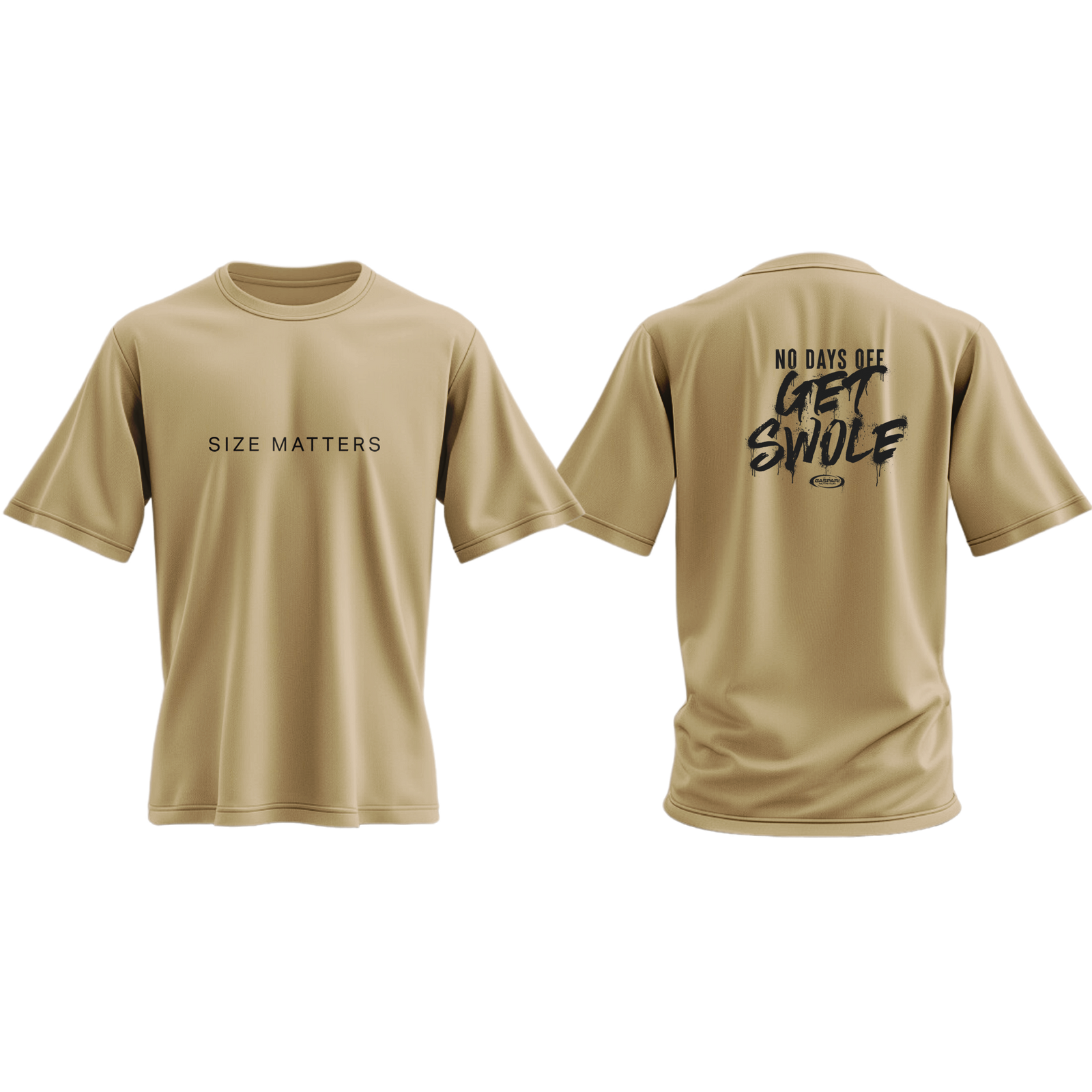 Front and back view of a beige oversized t-shirt with the text 'Size Matters' on the front and 'No Days Off - Get Swole' on the back, designed for comfort and performance.