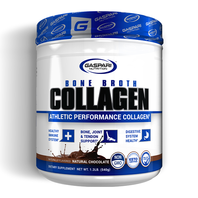 Bone broth collagen in natural chocolate flavor by Gaspari Nutrition for joint and skin support