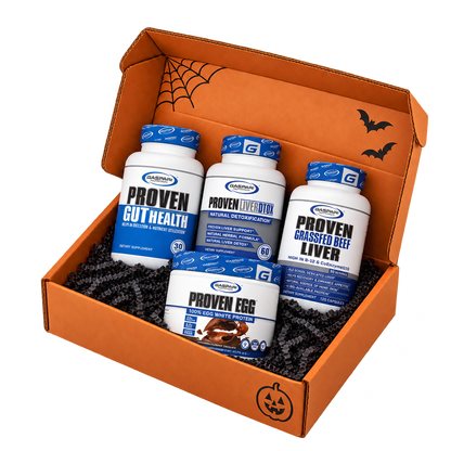 Mummy Monster Box — four-product Halloween bundle mockup including Chocolate Proven Egg 5-serving bonus