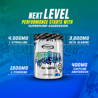 Stylized graphic of SuperPump Aggression pre-workout, emphasizing key ingredients like L-Citrulline and Beta Alanine for enhanced workout performance.