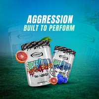 Vibrant visual of SuperPump Aggression pre-workout on display, accompanied by fresh fruit to highlight its flavor options and fitness-oriented branding.