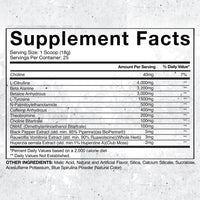 Supplement facts for SuperPump Aggression, detailing ingredients and amounts per serving including L-Citrulline, Beta Alanine, and Caffeine Anhydrous.