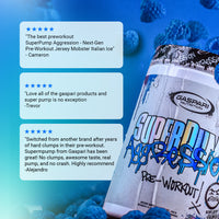 Customer testimonials highlighting experiences with SuperPump Aggression pre-workout, emphasizing taste, effectiveness, and satisfaction.