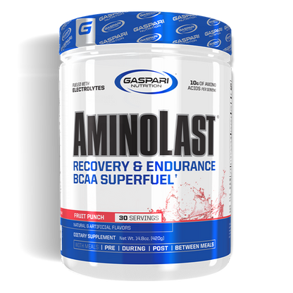 The front of a bottle of Gaspari's AminoLast recovery