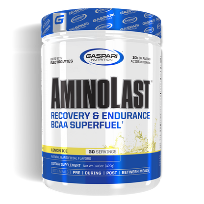 The front of a bottle of Gaspari's AminoLast recovery