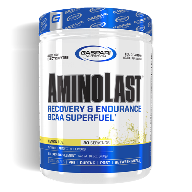The front of a bottle of Gaspari's AminoLast recovery