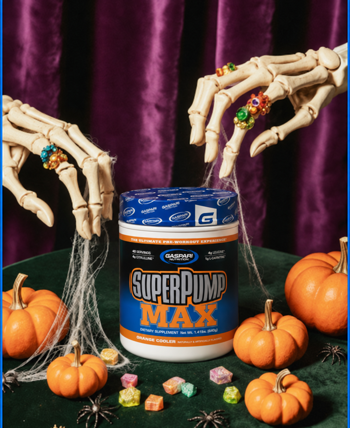 Full tub of SuperPump Max Orange Cooler with Halloween artwork